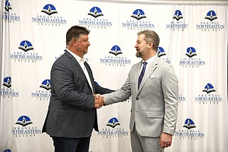 Submitted photo of Jeff Cole, Chief Information Officer of Zekelman Industries, and Dr. Chris Heigle, president of Arkansas Northeastern College (ANC), on Thursday, April 18 in Blytheville following Zekelman's announcement about its Mississippi County expansion and new workforce training partnership with ANC.